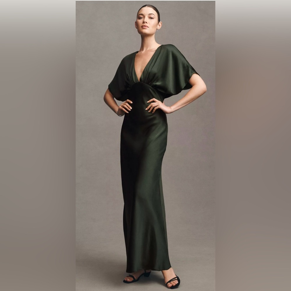BHLDN Amelia Deep-V Flutter-Sleeve Satin A-Line Gown